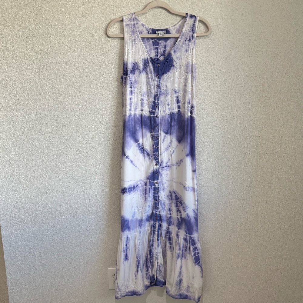 Westside Womens One Size Purple Floral Embroidered Maxi Dress Tie Dye Coastal‎